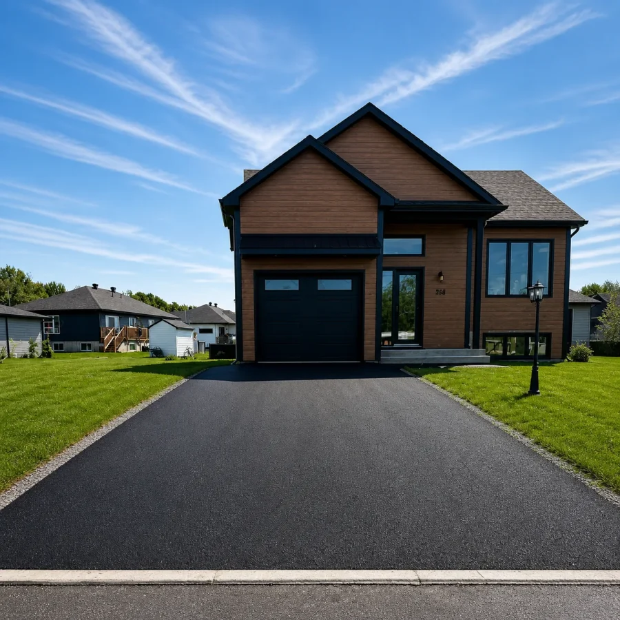 Entrée d’asphalte neuve devant une maison moderne