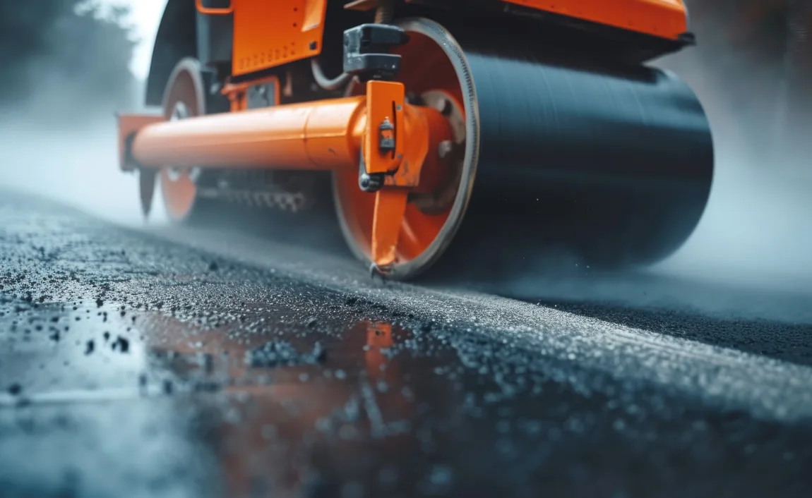 Rouleau compacteur lissant une couche d’asphalte