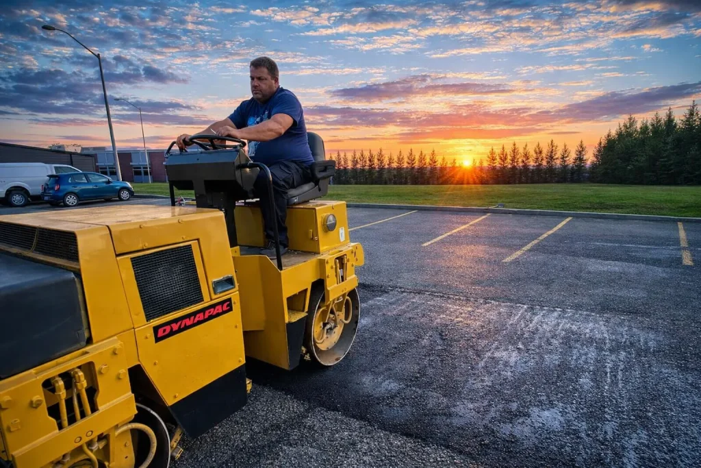 Rouleau compacteur au coucher du soleil sur un stationnement