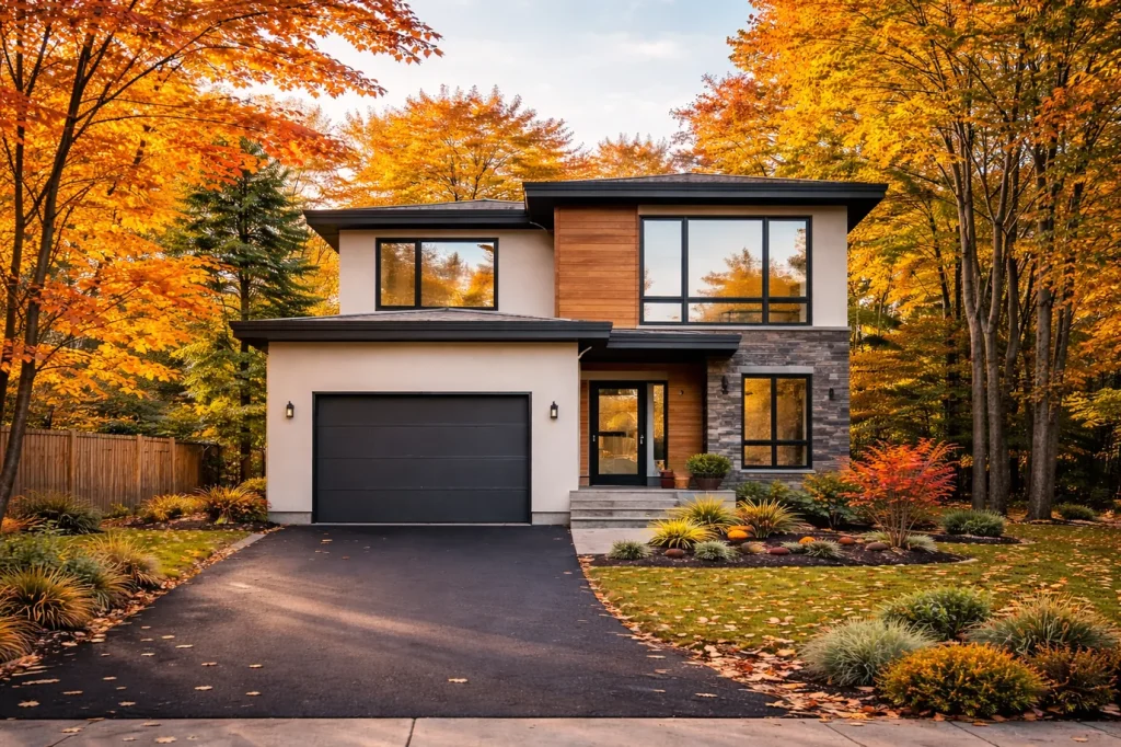 Maison contemporaine et son entrée d’asphalte en automne