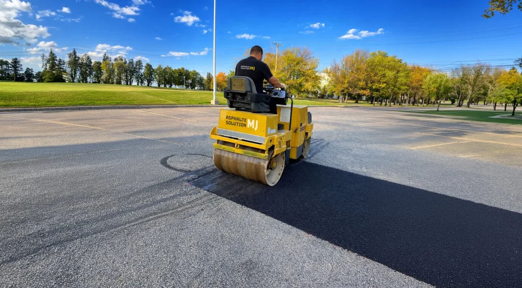 Rouleau compacteur sur un grand stationnement